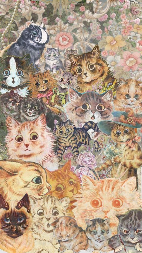 #louiswain #kitten #vintageart #dreamy #soft #cats Louis Wain Cats, Funky Wallpaper, Kitten Wallpaper, Cocoppa Wallpaper, Iphone Wallpaper Themes, Phone Wallpaper Patterns, Cat Wallpaper, Cute Wallpaper Backgrounds, Funky Art