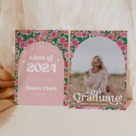 Grad Invitations Templates, Aesthetic Grad Invites, Cute Graduation Invitations, Graduation Asethic Photos, Wildflower Graduation Party Ideas, Graduation Invite Ideas, Education Graduation Party, Grad Announcements High School, Graduation Announcements College