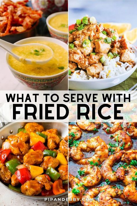 4 picture collage showing foods to enjoy while serving fried rice. Asian Ribs Recipe, Quick Fried Rice, Easy Fried Rice, Chicken Fried Rice Easy, Delicious Side Dishes, Veggie Fried Rice, Fried Rice Recipe Easy, Rice Side Dish Recipes, Chicken Fried Rice Recipe