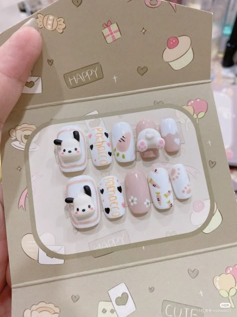 Pochacco Nails Acrylic, Pochacco Nail Art, Sanrio Nails Short, Pochacco Nails, K Pop Nails, Feet Nail Design, Unique Nail Art, Drink Art, Asian Nails