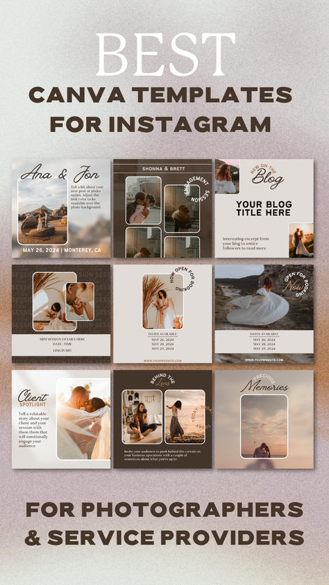 Capture your photography business's essence with these stunning Instagram Canva templates. Tailored for photographers, these templates ensure your work shines in every post. Perfect for showcasing your portfolio, promotions, or simply sharing your day. Easy to customize and easy to use. #CanvaTemplates #Photography Instagram Feed Ideas Photographers, Photography Templates Instagram, Instagram Posts For Photographers, Photographer Social Media Post Ideas, Photographer Introduction Post, Best Canva Templates, Salon Content, Insta Templates, Logo Design Color Palette