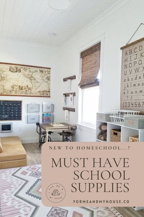 Just Decided to Homeschool? These are Your MUST HAVE Supplies to Get You Started! — For Me & My House Small Space Homeschool Room, Homeschool Room Design, Homeschool Room Organization, Homework Room, Homeschool Supplies, Homeschool Decor, Toddler School, Homeschool Room, Homeschool Inspiration