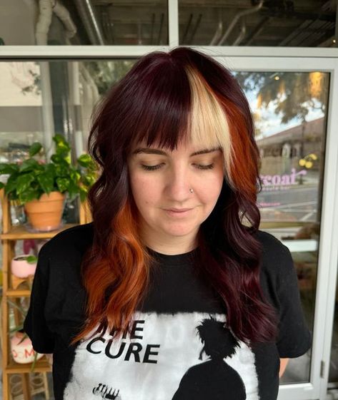 Mallari Collums on Instagram: "Calico lady 😻 @jaimeseamonkey 
.
#ocalahairstylist #ocalamarion #ocalahair #centralflstylist #redhair #copperhair #floridahairstylist #bangs #highlights #blockplacement" Reverse Balayage Red, Alt Fall Hair, Calico Hair Placement, Calico Hair Color Placement, Calico Streaks, Red Calico Hair, Colored Wolf Cut, Blonde Red And Brown Hair, Calico Hair Dye