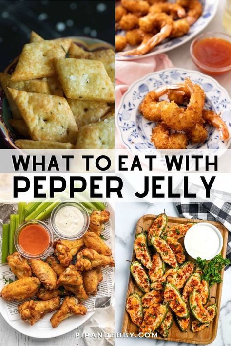 Pinterest image for What to eat with pepper jelly and 4 foods that pair well with the jelly. Recipes That Use Pepper Jelly, Pepper Jelly Dinner Recipes, Recipes With Pepper Jelly Appetizers, What To Make With Pepper Jelly, Jalapeno Jelly Uses, What To Use Pepper Jelly With, Things To Make With Pepper Jelly, Recipes With Jalapeno Jelly, Ways To Use Hot Pepper Jelly