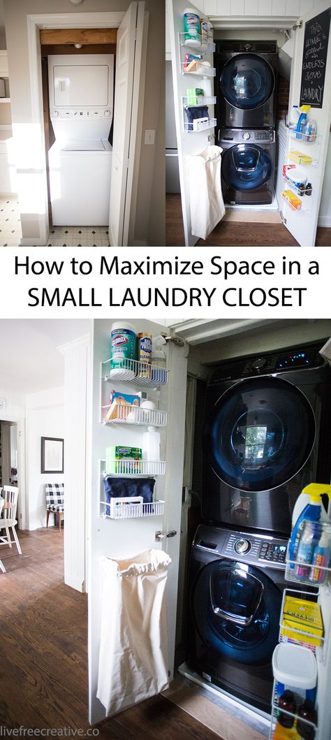 Apartment Laundry Closet, Closet Organization Small, Maximize Small Closet Space, Maximize Small Closet, Tiny Closet Organization, Apartment Laundry Room, Small Laundry Closet, Laundry Closet Organization, Apartment Laundry