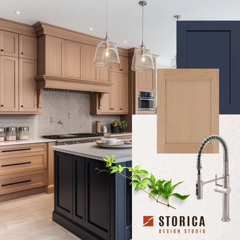 Two-tone kitchen design: The warm, natural beauty of maple cabinets paired with a deep blue island creates a kitchen space that’s not only functional but a true style statement. This blend of earthy wood tones and a pop of dark blue adds depth and character, making a kitchen the heart of the home. Perfect choice for our client who appreciates a blend of classic and contemporary, a design that ensures the kitchen is inviting and stylish. Dark Two Tone Kitchen Cabinets, Blue Island With Wood Cabinets, White Oak And Navy Kitchen Cabinets, Blue And Wood Tone Kitchen, Dark Blue Kitchen Islands, Blue And Stained Kitchen Cabinets, Two Tone Wood Cabinets, Blue And Wood Kitchen Cabinets, Oak And Blue Kitchen