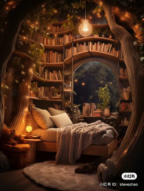 Fantasy Treehouse Bedroom, Fantasy House Inside, Enchanted Library Aesthetic, Bookstore Decor, Cosy Cabin, Fantasy Houses, Fantasy Nature, Home Nails, Fantasy Bedroom