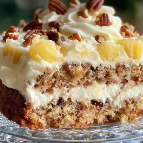 Pineapple Pecan Cake with Cream Cheese Frosting Lemon Angel Pie Recipe, Angel Pie Recipe, Pineapple Pecan Cake, Peanut Butter Cream Pie, Chocolate Mint Brownies, Pineapple Cake Recipe, Butter Pecan Cake, Coconut Cake Recipe, Caramel Desserts