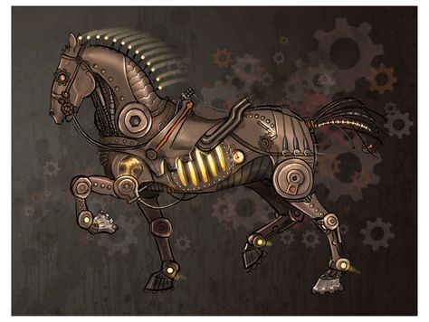 Steam Horse! Iron Fey, Mechanical Horse, Horse Tattoo Design, Steampunk Illustration, Steampunk Animals, Mechanical Animals, Steampunk Artwork, Robot Animal, Arte Robot