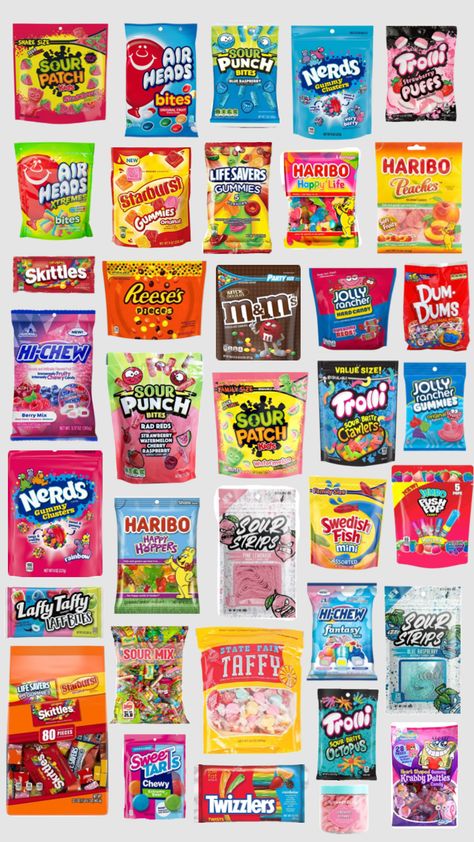 Candyyy #candy #yummy #snacks Candy To Try, Sweets Ideas For Parties, Pink Snacks Aesthetic, Types Of Candy List, Candy Stash Ideas, Room Snack Stash, Snacks And Candy, Snack Drawer Aesthetic, Candy For Sleepovers