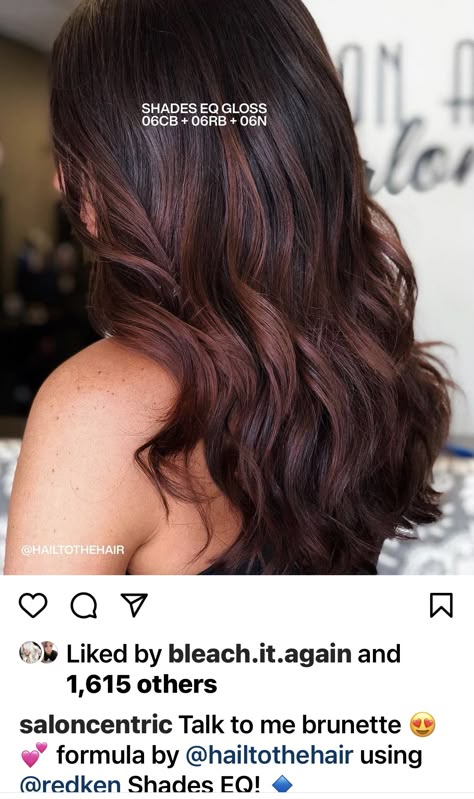 Fall Hair Color Formulas For Brunettes, Red Brown Color Formulas, Fall Hair Colors With Formula, Redken Mahogany Hair Color, Rose Brown Formula Redken, Redken Shades Eq Formulas Red Brown, Cherry Cola Hair Color Formula Redken, Red Brown Redken Formulas, Dimensional Brunette Red