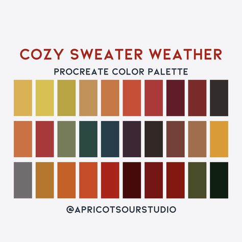 Cozy Sweater Weather Procreate Color Palette Autumn Digital Art, Cozy Color Palette, Procreate Swatches, Color Palette For Procreate, Cosy Sweater, Warm Color Palette, Boho Colors, Procreate Color Palette, Illustrations Digital