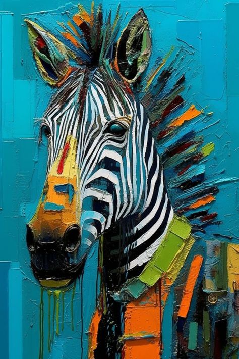 Contemporary art with this striking abstract print featuring a charming zebra. Dominant hues of turquoise, black, and hints of blue complemented by vibrant green, yellow, and orange tones. Emulating the textured brushstrokes of acrylic and oil paints on canvas, this artwork creates a beautiful yet enigmatic masterpiece. Perfect for enthusiasts of modern art, adorn your decor, clothing, gadgets, pastel accessories, and bath essentials with this alluring print! #GiveMeMod #HomeDecorIdeas Zebra Painting Acrylics, Zebra Abstract, Zebra Artwork, Modern Cat Art, Cactus Paintings, Pastel Accessories, Animal Paintings Acrylic, Zebra Painting, Zebra Canvas