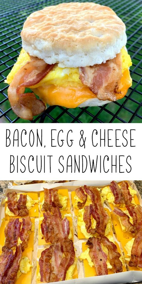 These easy biscuit breakfast sandwiches are loaded with crispy bacon, cheddar cheese and scrambled eggs in a fluffy, buttermilk biscuit. Freezer friendly recipe! Bacon Egg And Cheese Biscuits, Freezer Breakfast Meals, Biscuit Breakfast, Easy Biscuit, Buttermilk Biscuit, Breakfast Slider, Breakfast Sandwich Recipes, Biscuit Sandwich, Frozen Breakfast