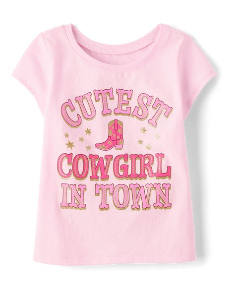 FABRICATION: 100% cotton jersey, imported DESIGN: Rib-knit crew neck, short sleeves FEATURES: 'Cutest Cowgirl In Town' with cowgirl boot graphic design, tagless label We're making a difference! We've proudly partnered with Better Cotton to improve cotton farming globally. When you buy cotton styles from us, you're helping to support sustainable cotton farming. Learn more at bettercotton. org/massbalance.. Baby And Toddler Girls Short Sleeve Cutest Cowgirl Graphic Tee | The Children's Place Baby Cowgirl Graphic, Toddler Girl Shorts, Western Graphic Tees, Cowgirl Boot, Girls Graphic Tee, Baby Pajamas, Cotton Farming, Kids Graphic Tees, Girls Wardrobe