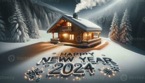 2024 Written, Wooden Cabin, Happy New Year Gif, New Year Gif, Vector Art Design, Happy New Year Cards, Snowy Landscape, Happy New Year 2024, New Beginning Quotes