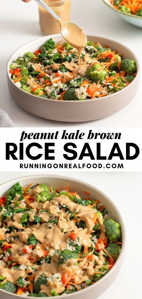 Make this healthy, vegan brown rice salad with kale and peanut sauce for an easy, healthy dinner. You'll need brown rice, kale, carrot, cashews, broccoli, cucumber, red pepper, cilantro and a few simple ingredients to make the creamy peanut sauce. 

#vegan #veganrecipes #veganfood #vegandinner #veganlunch #brownrice #salad #vegansalad #healthyrecipes #cleaneating #peanutsauce #cashews #asianrecipes #kalesalad #kalerecipes Vegan Rice Salad Recipes, Luteal Meals, Luteal Phase Food Recipe, Brown Rice Salad Recipes, Healthy Rice Salad, Rice Toppings, Rice Salads, Rice Salad Recipes, Brown Rice Salad