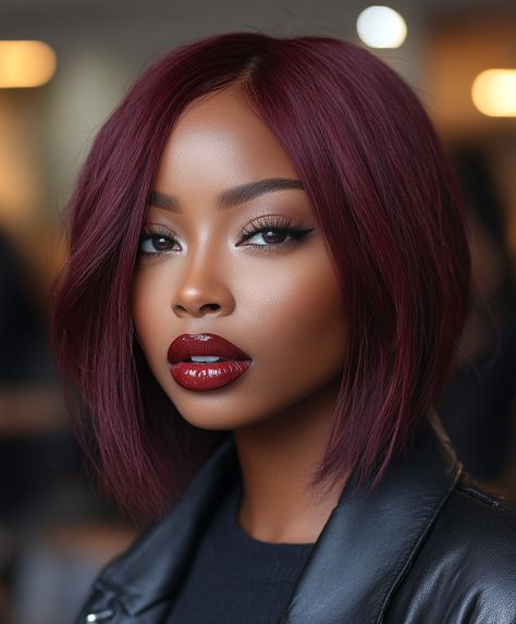 Confident and Chic Deep Burgundy Bob Fall Colors to Dye Your Hair Black Women 🍷 Wine Color Hair Black Women, Fall Hair Colors Dark Skin, Hair Dyes For Black Women, Magenta Hair Color On Black Women, Black Hairstyles Bob, Burgundy Bob Black Women, Fall Hair Colors For Black Women, African American Hair Color, Short Burgundy Hair