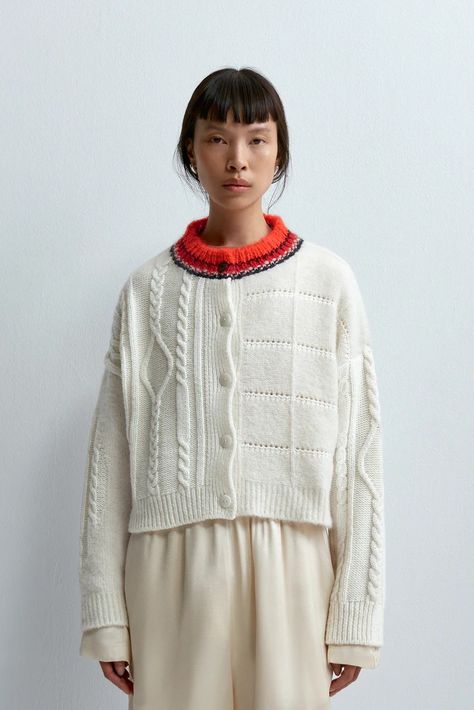 Pre Fall 24 Japanese Knitting, Winter Palette, Knitting Machines, Textured Cardigan, Red Collar, Knitwear Dress, Baggy Pant, Recycled Yarn, Baby Alpaca