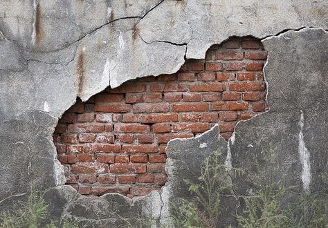 Red Brick Paint, Hole Drawing, Broken Concrete, Industrial Cafe, Cement Design, Break Wall, Cracked Wall, Cement Wall, Red Curtains