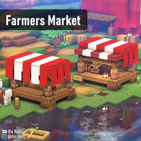 Two white and red market stalls that I made during my minecraft 1.19 let's play series. Made from spruce, wool, and mud walls. Link in the bio or search for Dio Rods to find it! Minecraft Market Stalls Simple, Minecraft Trading Center, Minecraft Coop Ideas, Minecraft Firework Shop, Minecraft Marketplace Ideas, Market Place Minecraft, Minecraft Shop Ideas Small, Minecraft Trading Post, Minecraft Villager Market