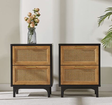 Rattan Nightstands Set of 2, Boho Accent Bedside Tables with 2 Solid Wood Drawers Storage End Table, Woven Natural Vintage Side Table for Bedroom, Black(2pcs) Side Tables For Bedroom, Nightstand Set Of 2, Into The Wood, Storage Table, Furniture Material, Vintage Side Table, End Table Sets, Small Side Table, Bedroom Black