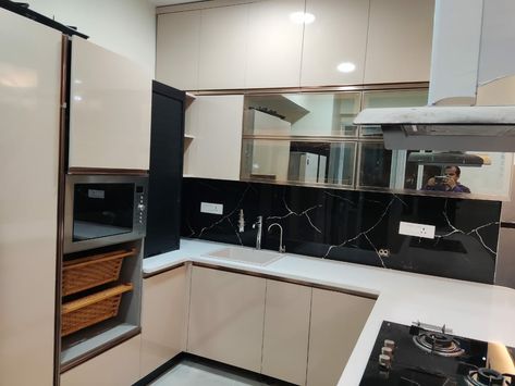 Island Modular Kitchen Design Color Island Kitchen, Rolling Shutter Kitchen, Pantry Unit, Island Kitchen Design, Wooden Cutlery Tray, Modular Kitchen Interior, Glass Pantry, Rolling Shutter, Wooden Cutlery