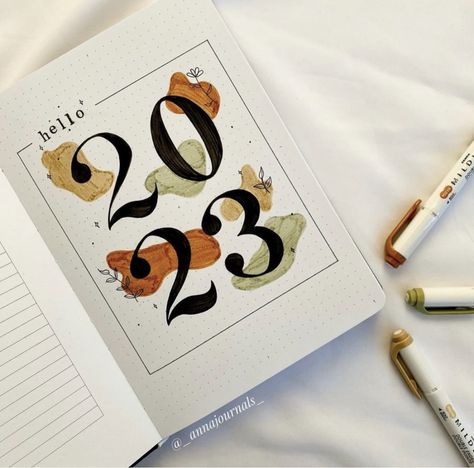 New Year Bujo Cover, Bujo Yearly Cover Page, New Year Journal Ideas Aesthetic, New Year Journal Spread, Bujo Year Cover 2023, Year Journal Cover, Bujo Year Cover 2024, Bujo Cover Page Ideas 2024, New Year Bujo Spread