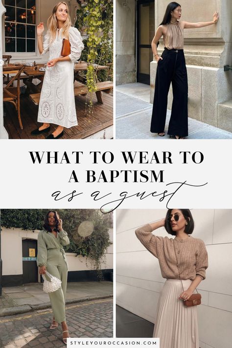 Looking for baptism outfit ideas for women? Check out these classy outfits for what to wear to a baptism as a guest, whether you are the mom, godmother, or another friend or family member, you'll find excellent outfit ideas! Choose from pants, skirts, dresses, and other polished looks for spring, summer, fall, and winter! Baptism Clothes For Women, Dedication Outfit For Guest, What To Wear To A Communion As A Guest, Baptism Dresses For Mom, Babtizum Outfit For Women, Baptism Dresses For Women, Confirmation Guest Outfit, Communion Guest Outfit For Women, Christianing Outfit Women