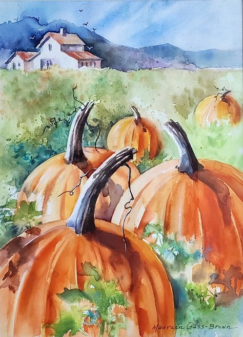 Pumpkin Painting, Fall Decor, ORIGINAL WATERCOLOR PAINTING , Pumpkin Art, Fall Pumpkin Patch, Halloween /thanksgiving Decor - Etsy Pumpkin Patch Watercolor Painting, Watercolor Pumpkins Autumn, Pumpkin Canvas Painting, Pumpkin Artwork, Pumpkin Paintings, Pumpkin Patch Halloween, Fall Pumpkin Patch, Fall Paintings, Painting Pumpkin