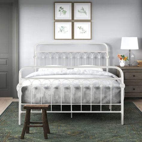 Gravois Platform Bed Rooms With White Metal Bed Frames, White Metal Bed Frame, Farmhouse Bed Frame, White Metal Bed, Vertical Slats, Farmhouse Bed, Bed Metal, Low Profile Platform Bed, Slatted Headboard