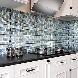 Modern Kitchen Tiles Wall, Blue Countertops Kitchen, Peel And Stick Backsplash Kitchen, Wall Tiles For Bathroom, Blue Tile Backsplash Kitchen, Kitchen Self, Adhesive Wall Tiles, Brick Kitchen Backsplash, Cupboard Ideas