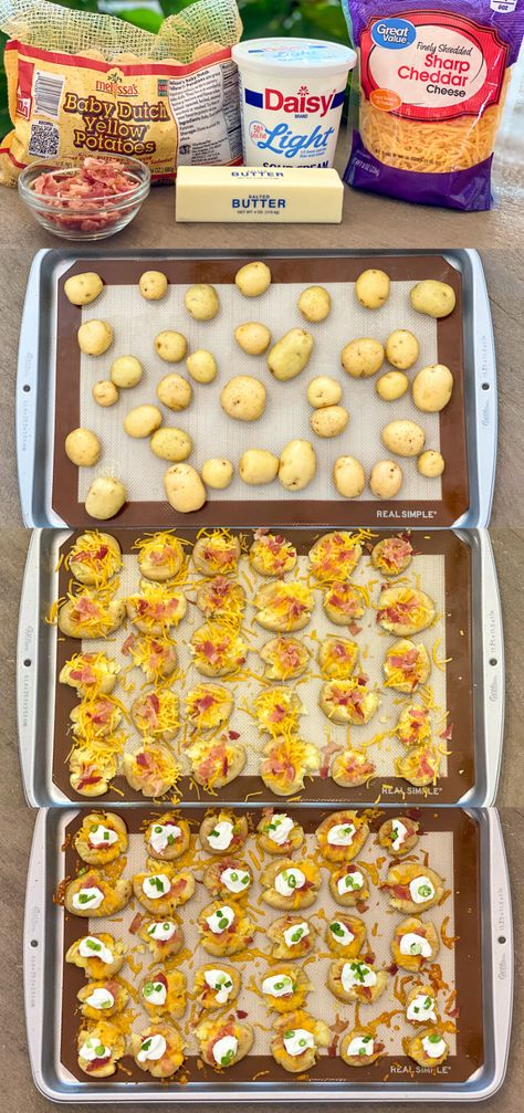 These Loaded Baked Potato Bites are the perfect side dish or party snack! Easy to pop in the oven, smash and add your favorite toppings! Loaded Potato Bites, Baked Potato Bites, Loaded Baked Potato Bites, Smashed Potatoes Baked, Baked Potato Toppings, Smashed Potatoes Recipe, Snack Easy, Canned Potatoes, Potatoes In Oven