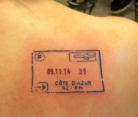 Passport stamp tattoo with the date of my first marathon (in France), my age at the time (39), the location of the race and metric distance (42.1 km).  I never worked so hard to earn a tattoo! Passport Stamp Tattoo, Distance Tattoos, Stamp Tattoo Ideas, Marathon Tattoo, Scotland Tattoo, France Tattoo, Germany Tattoo, Faded Tattoo, Paris Tattoo