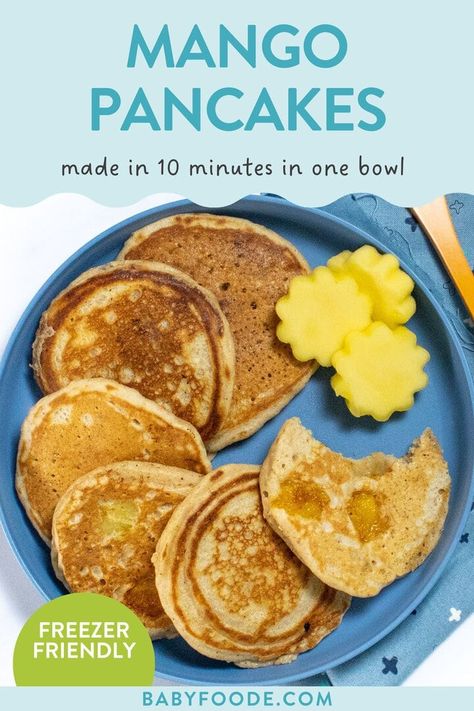 Follow these steps at home to make these light, fluffy pancakes bursting with pockets of juicy, diced mango (one whole cup worth!).  Accentuated with spices like cinnamon and cloves, these mango pancakes are a sweet alternative to traditional pancakes for a tropical-style breakfast or brunch. Great for toddlers, kids, and the entire family! Light Fluffy Pancakes, Blw Ideas, Mango Pancakes, Baby Food 8 Months, Blw Recipes, Baby Led Weaning First Foods, Fruit Pancakes, Baby Breakfast, Baby Meals