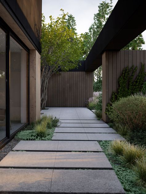 Between_Trees - Garden Design Paving With Grass In Between, Minimal Garden, Tree Garden Design, Nature And Architecture, Modern Backyard Landscaping, Garden Paving, Minimal Architecture, Front Yard Design, Modern Backyard