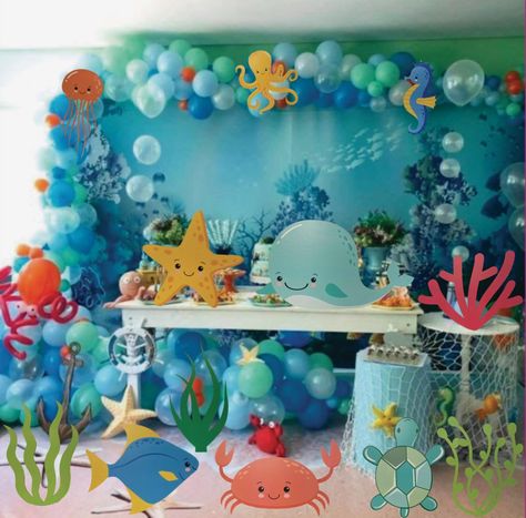 Underwater theme party under the sea party | Etsy Underwater Theme Party, Sea Birthday Party Decorations, Underwater Birthday, Rodjendanske Torte, Bus Cartoon, Yellow Octopus, Under The Sea Decorations, Ocean Birthday Party, Ocean Theme Party