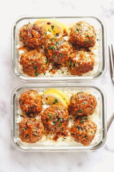 Garlic Butter Chicken Meatballs, Cauliflower Rice Meal Prep, Butter Chicken Meatballs, Mealprep Recipe, Rice Meal Prep, Meal Prep Lunch, Prep Lunch, Lunch Recipe, Easy Healthy Meal Prep