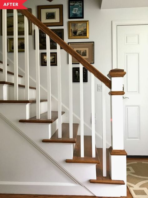 Open Staircase Ideas, Wooden Staircase Railing, Wood Banister, Painted Staircases, Stair Banister, Handrail Design, Wood Railing, Staircase Wall, Staircase Makeover