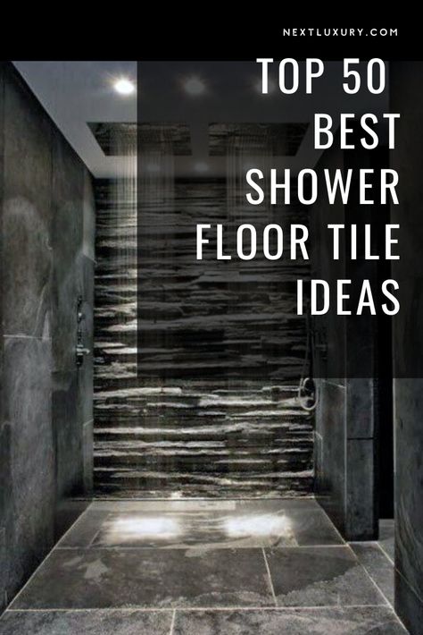 Diy Shower Floor Ideas, Dark Shower Tile With Light Floor, Dark Shower Light Floor, Best Shower Floor Tile, Curb Less Shower Floor, Dark Shower Floor Light Walls, Shower Floor Ideas, Heated Bathroom Floor, Replacing Shower Floor Pan