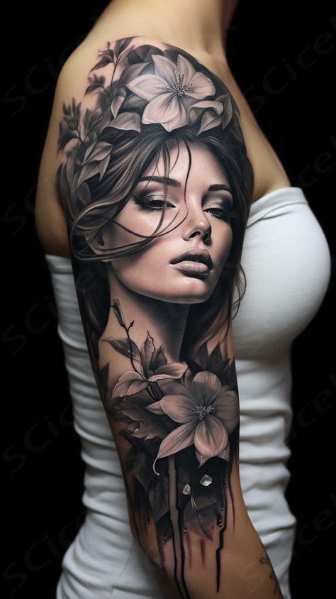 Women Face Tattoo Sleeve, Women’s Face Tattoo Drawing, Portrait Tattoo Sleeve, Female Warrior Tattoo, Mujeres Tattoo, Face Tattoos For Women, Arm Sleeve Tattoos For Women, Chicano Tattoos Sleeve, Catrina Tattoo