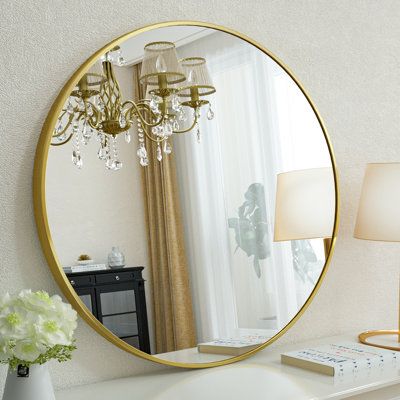 The classic circle mirror designed with the modern aluminum brushed process, can match any decorative environment, highlight the beauty of space, suitable for bathroom, living room, bedroom, makeup mirror, entrance hall, walkway, and other uses. Size: 18" H x 18" W, Finish: Gold | Everly Quinn Hermien Mirror Metal in Yellow, Size 18.0 H x 18.0 W x 1.2 D in | Wayfair | Home Decor Bedroom Mirror Circle, Gold Mirror Small, Mirror Entrance Hall, Pink And Gold Bedroom Decor, Gold Circle Mirror, Gold Round Mirror, Beauty Of Space, Decoration Mirror, Gold Mirrors