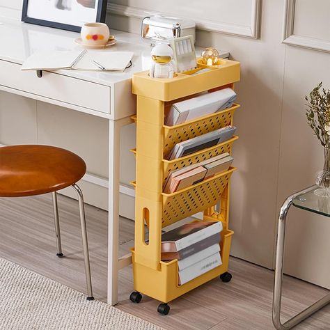 5 Tier Movable Storage Bookshelf Slim Folder File Magazine Trolley Utility Rolling Book Rack with Lockable Casters for Classroon Study Office (Orange) Newspaper Storage, Desk File Organizer, Floor Desk, Movable Storage, Compact Desks, Dorm Accessories, Book Rack, Store Books, Storing Books