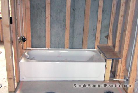 Bathtub Shelf Built In, Simple Tub Shower Combo, Tub With Bench At End, Bathtub Ledge Ideas, Bathtub Alcove Ideas, Inset Bathtub Tub Surround Tile, Alcove Tub With Ledge, Bathtub With Ledge, Bathtub With Shelves