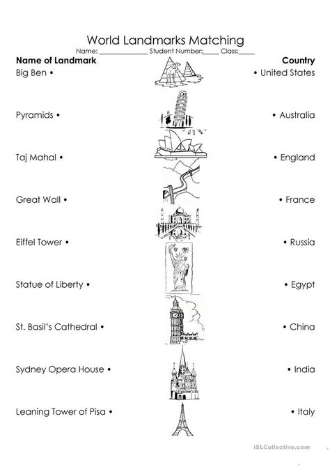 World Landmarks Triple Match worksheet - Free ESL printable worksheets made by teachers World Geography Map, Map Skills Worksheets, Geography Worksheets, World Landmarks, Geography For Kids, Geography Activities, History Worksheets, 6th Grade Social Studies, Map Worksheets