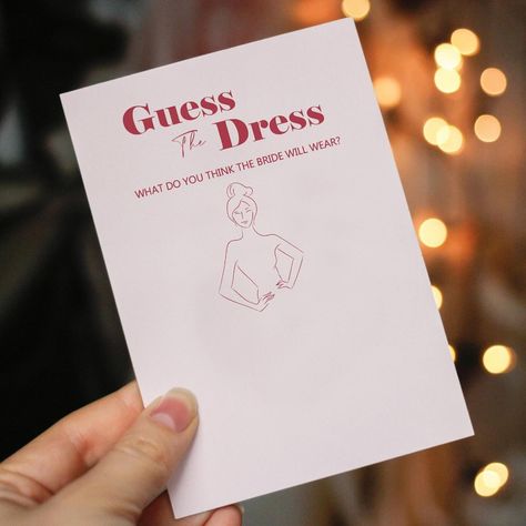 HEN PARTY GAMES // These pretty, blush pink cards are a fun way for friends and family to unleash their creativity and to see just how well they know the bride! The ‘Would She Rather’ and ‘Guess the Dress’ cards are ideal for completing at a hen party / bridal shower and would make a great icebreaker for your guests. Click the link in my bio for more info #guessthedress #wouldsherathergame #henpartyideas #henpartygames #bridalshowergames #bridalshowerideas #pinkbridalshower #pinkhenparty Hen Games, Guess The Dress, Red Cards, Pink Bachelorette Party, Fun Bridal Shower Games, Hen Party Games, Bridal Shower Activities, Dress Card, Bachelorette Party Planning