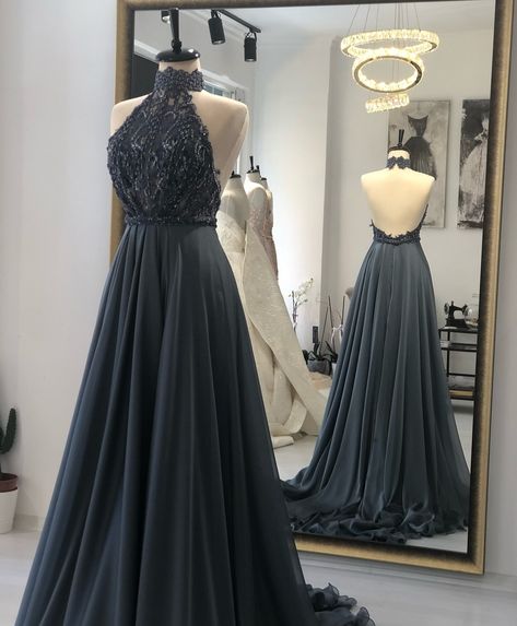 Dark Grey Prom Dress, Party Gowns Evening, Grey Prom Dress, Gown Party Wear, Backless Blouse Designs, Deb Dresses, Fasion Outfits, Backless Prom Dresses, Party Dress Long Sleeve