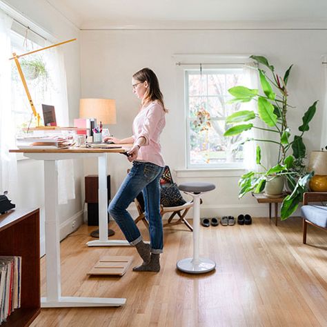 Uplift Desk Home Office, Standing Desk Office Layout, Sit Stand Desk Home Office Layout, Standing Desk Home Office, Standing Desk Design, Wfh Desk, Desks Chairs, High Office Chair, Hub Design