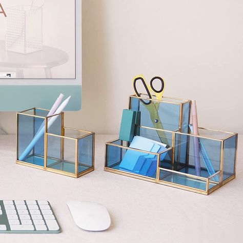 Desk Organisers, Home Office Supplies, Workspace Storage, Glass Desk Office, Compartment Organizer, Blue Office, Makeup Organizers, Brass Trim, Work Space Organization