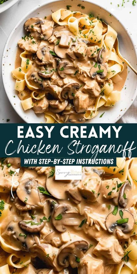 Enjoy Chicken Stroganoff with a tangy sour cream sauce, tender golden chicken, and hearty mushrooms. This easy comfort food is perfect for a weeknight dinner and ideal for family dinner ideas and quick and easy family meals. Chicken Mushroom Stroganoff Slow Cooker, Comfort Food With Chicken, Stroganoff Recipe Chicken, Creamy Chicken Stroganoff With Mushrooms, Easy Mid Week Dinners, Chicken Fall Dinners, Chicken And Cream Of Mushroom Recipes, Chicken Stroganoff Recipe Easy, Fall Chicken Dinner Recipes